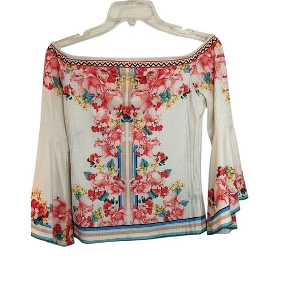4118)Boston Proper Off the Shoulder Floral Prints Bell Sleeve Blouse Size Small - Picture 1 of 8